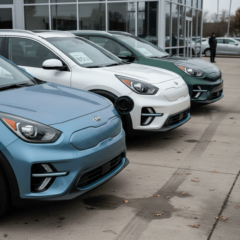 Multiple Kia Niro EVs from different model years lined up at a dealership to illustrate used buying choices