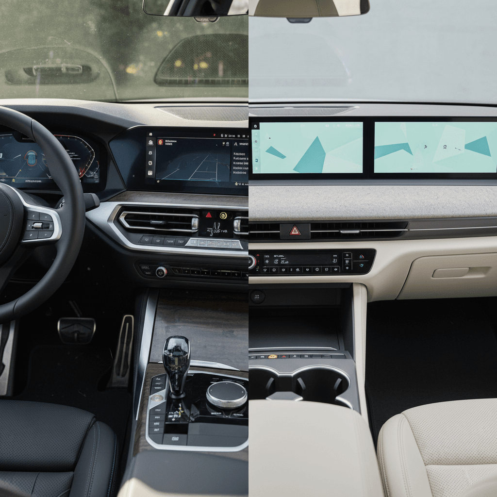 Side-by-side interiors of a BMW i4 and Hyundai Ioniq 6 showing dashboards and screens