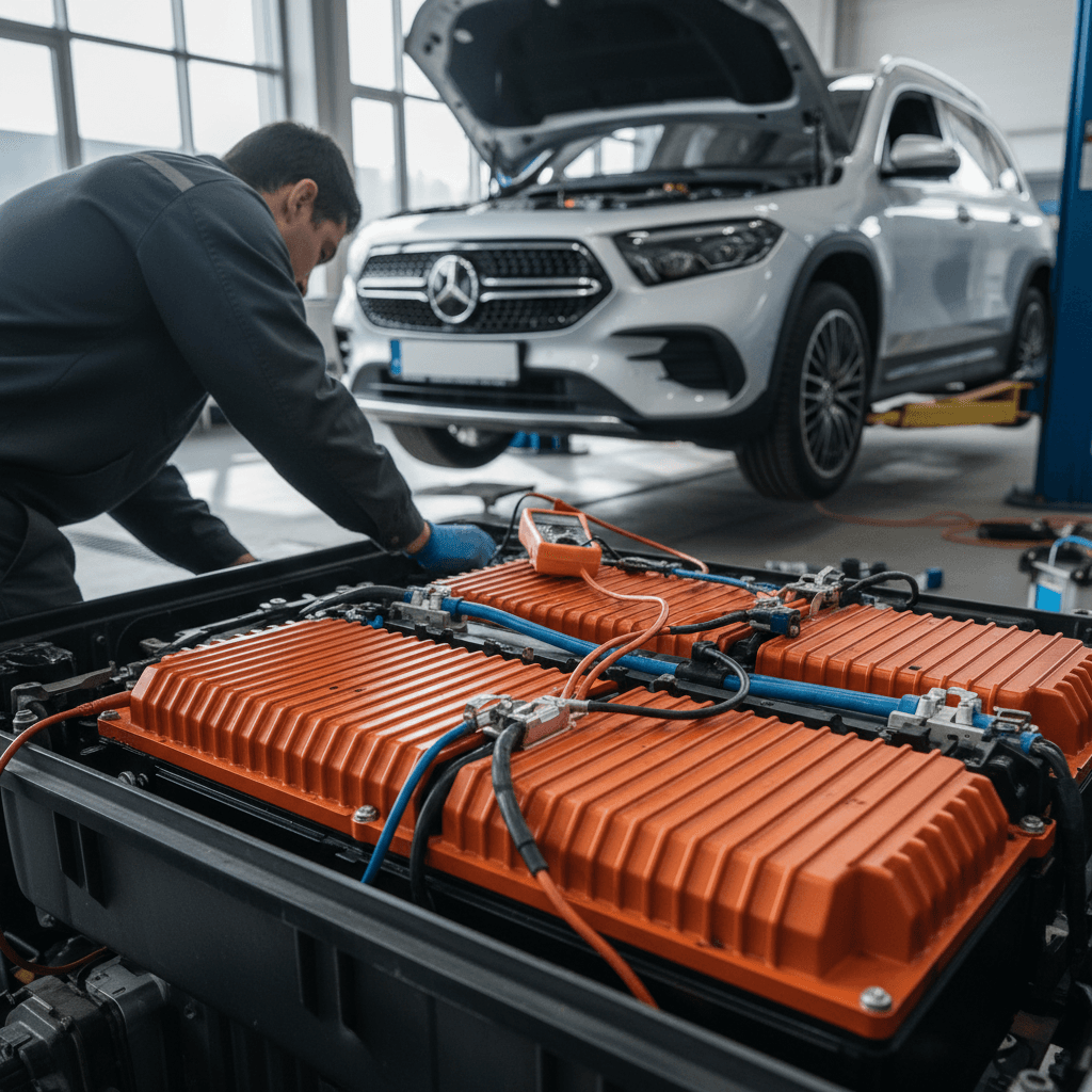 Technician inspecting a Mercedes EQB high-voltage battery pack on a lift in a dealership service bay