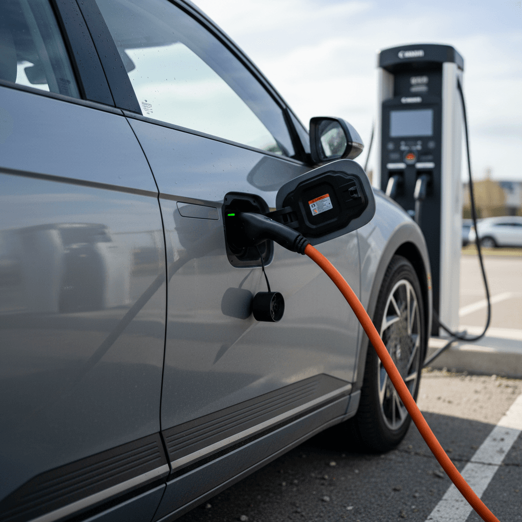 2023 Hyundai Ioniq 5 charging at a DC fast charger, highlighting the side profile and charge port