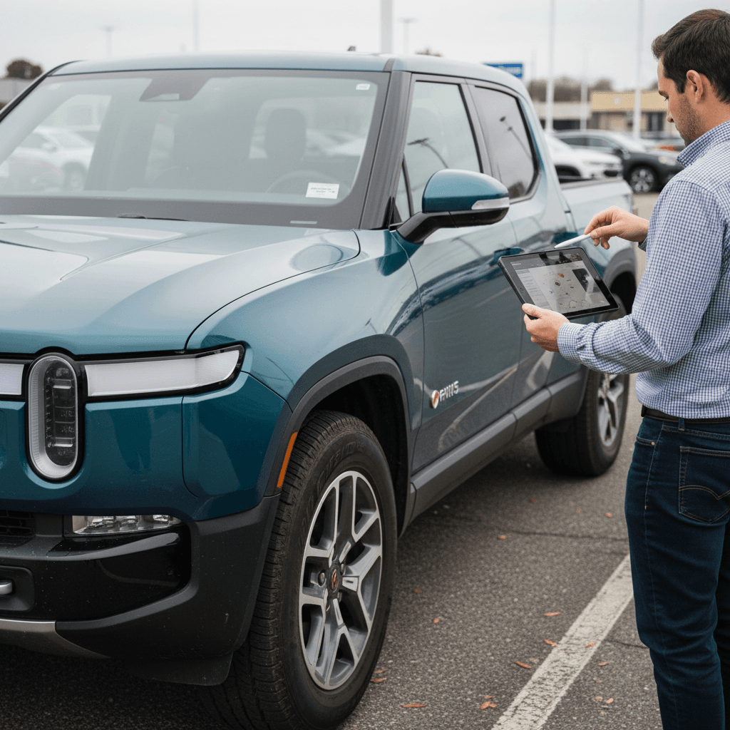 Salesperson using a tablet to appraise a used Rivian R1T trade‑in at a dealership