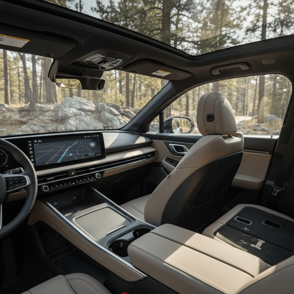 Spacious three-row electric SUV interior with modern infotainment, ideal for family road trips