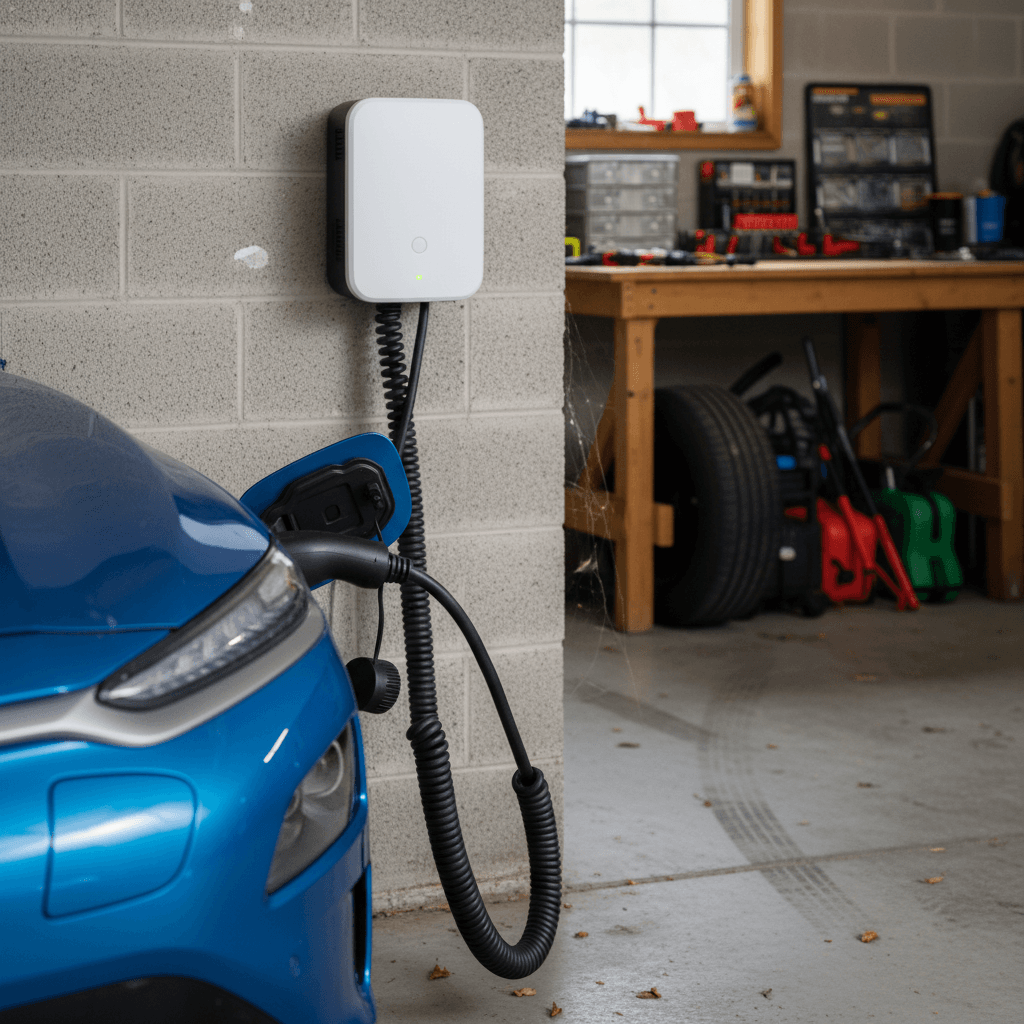 Wall-mounted Level 2 home charger plugged into a Hyundai Kona Electric parked in a clean residential garage