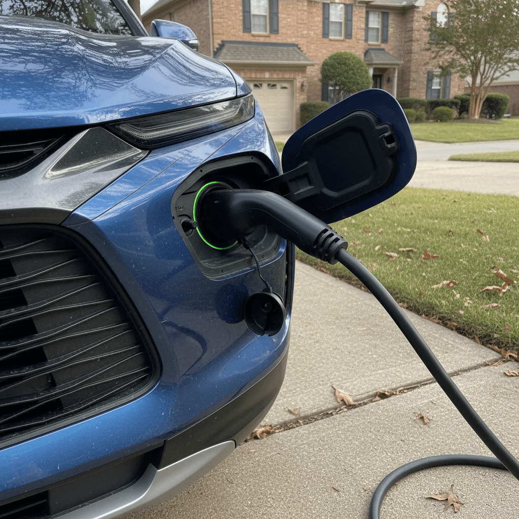 Chevrolet Blazer EV plugged into a Level 2 home charger in a driveway, showing the charge port and connector