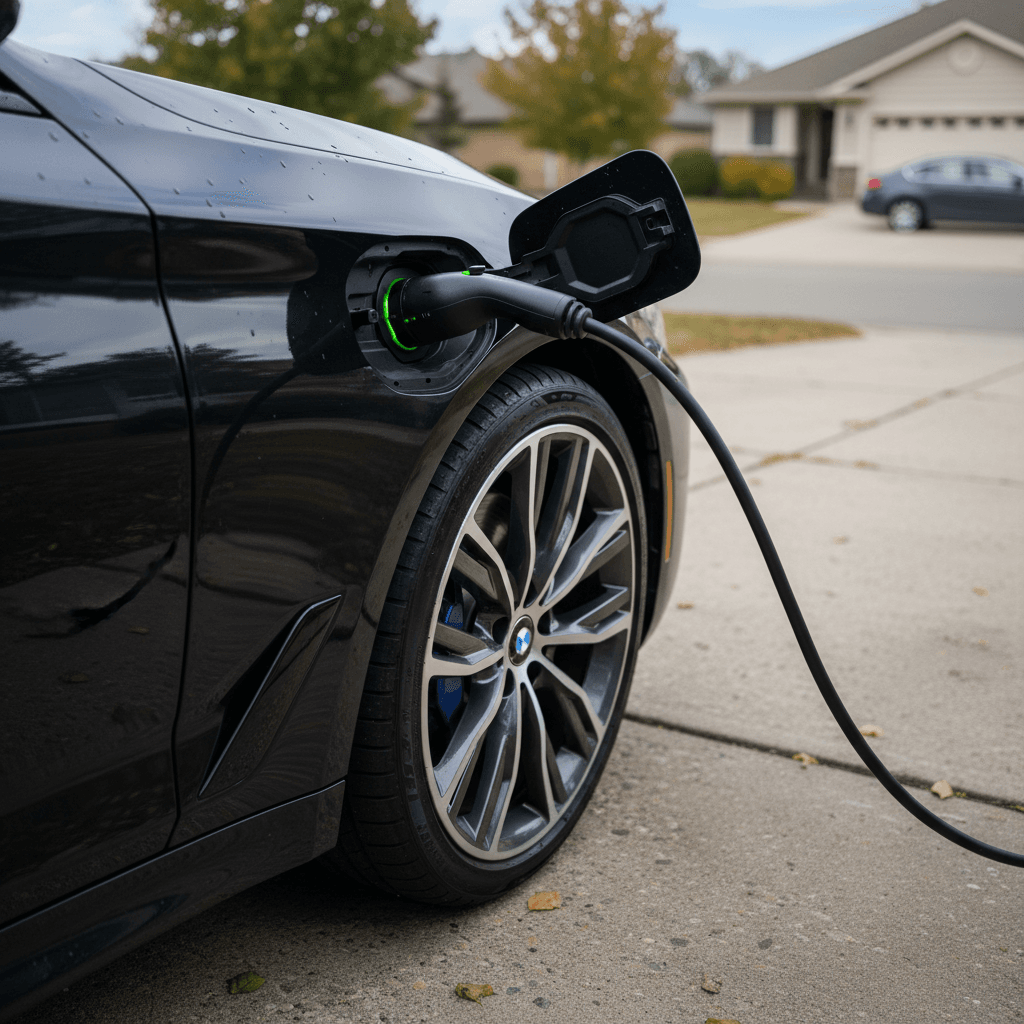 Clean BMW i5 parked in a driveway, detailed and ready for sale with charging cable neatly coiled