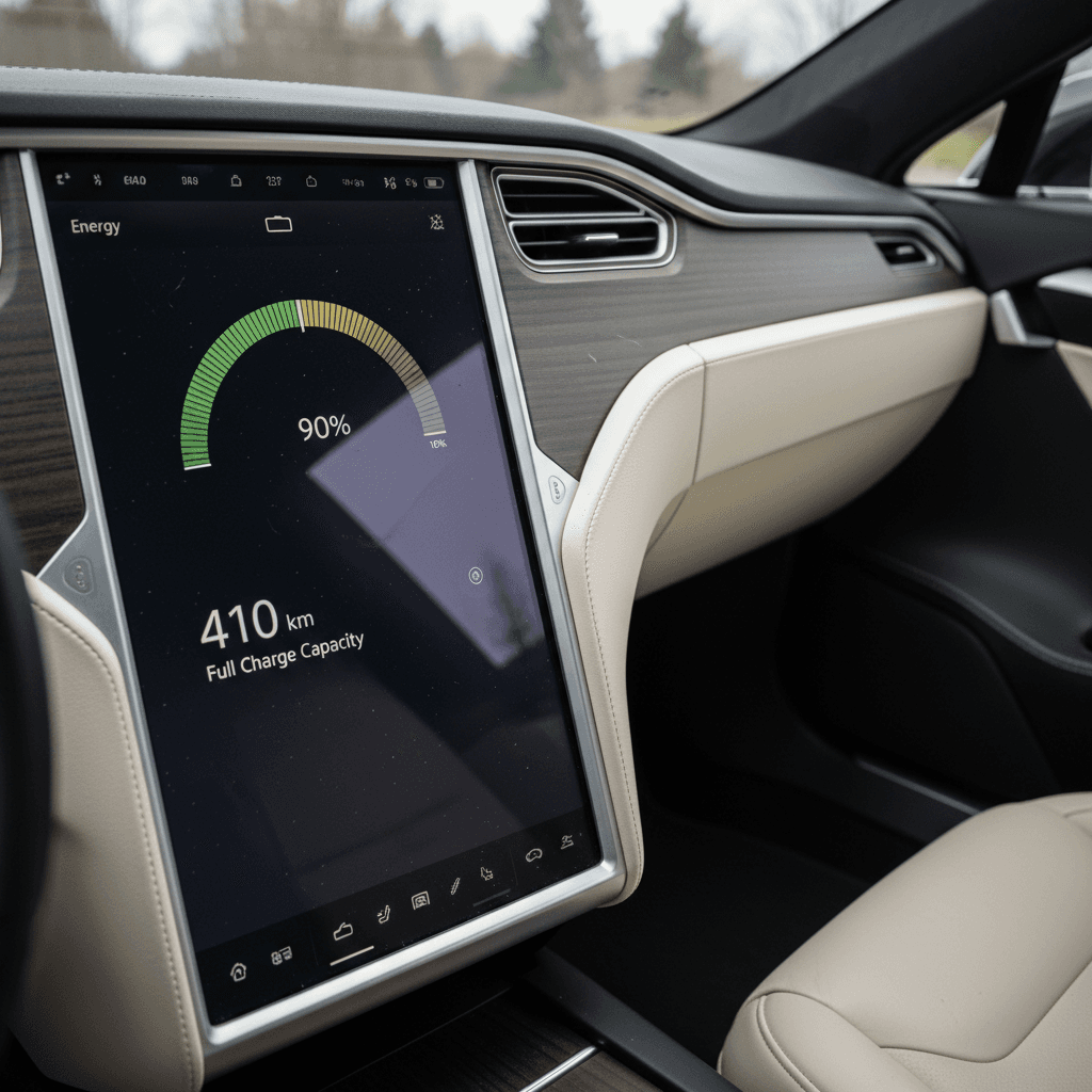 Tesla Model S interior showing battery health and projected range on center touchscreen
