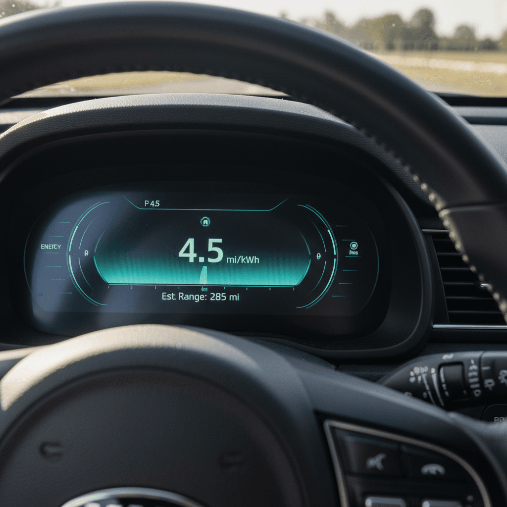 Kia Niro EV instrument cluster showing efficiency in mi/kWh and estimated remaining range