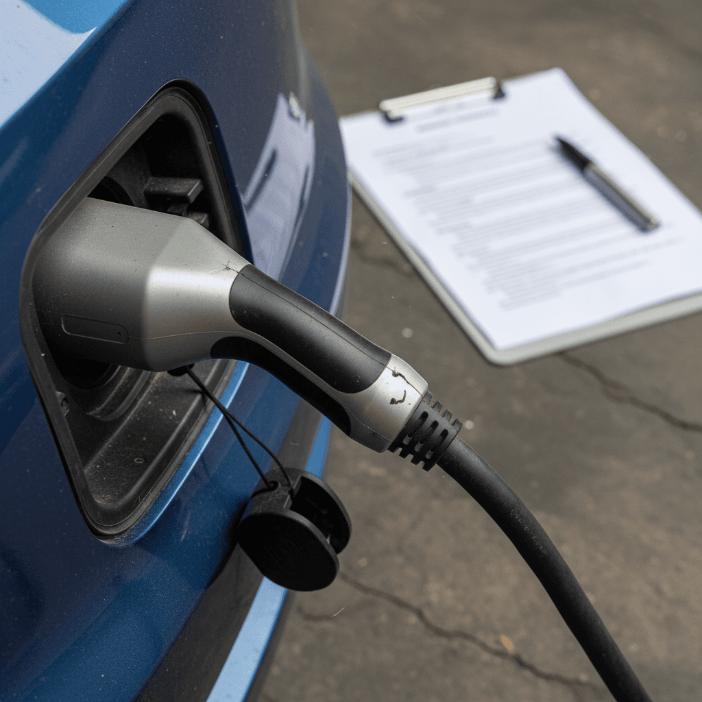 EV owner reviewing warranty paperwork and battery health report while their electric car charges at home