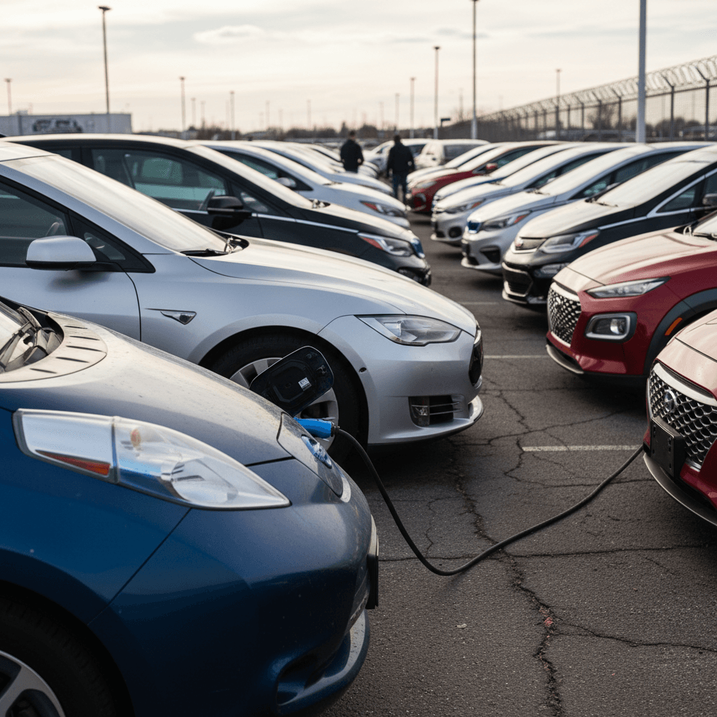 Row of used electric vehicles parked on a dealership lot at sunset