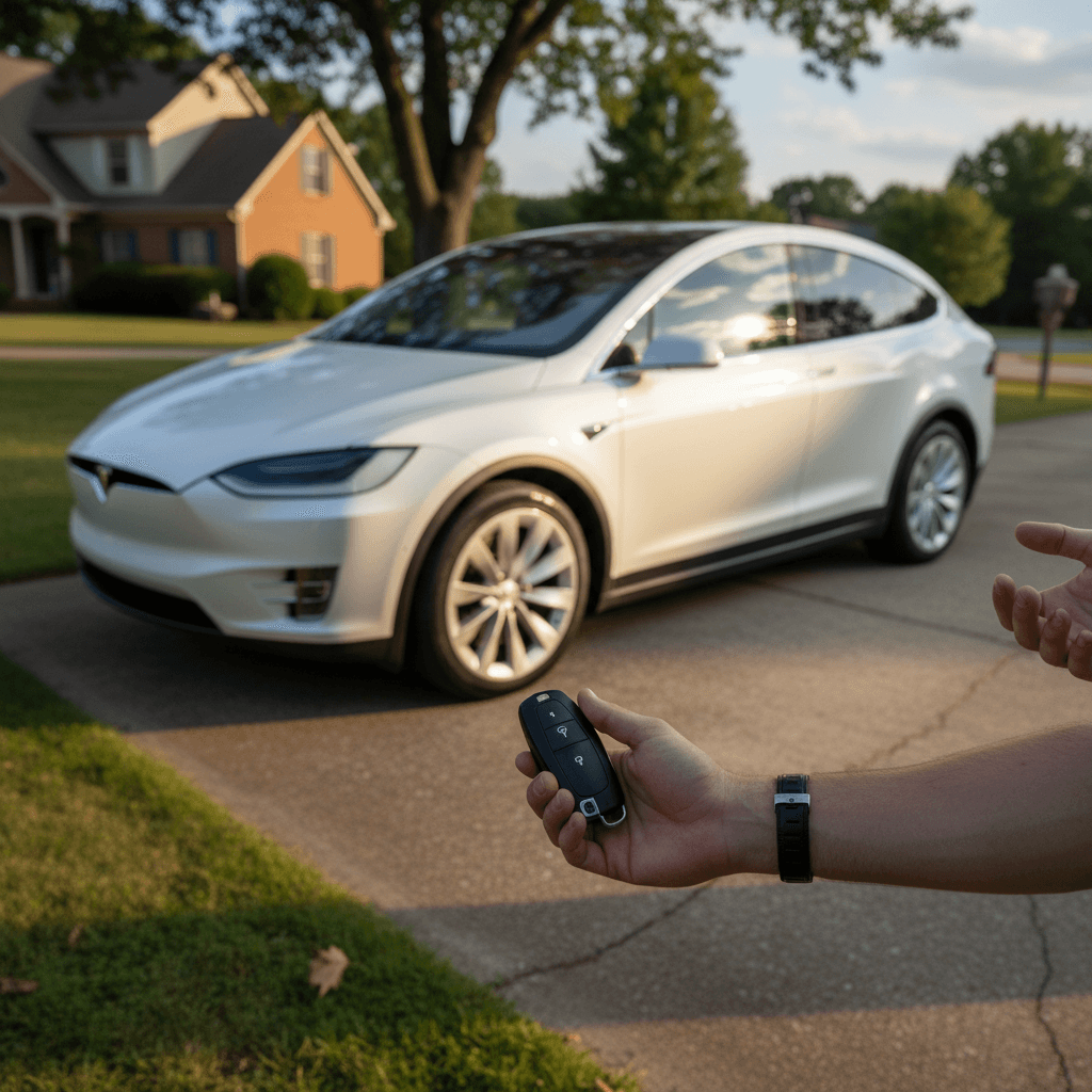 Owner and buyer standing by a Tesla Model X in a North Carolina driveway while signing and notarizing the car title.