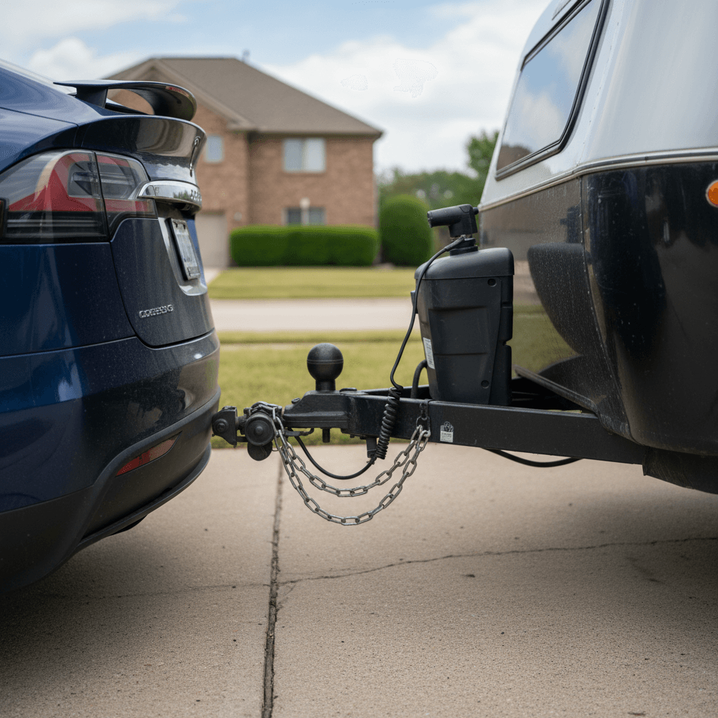 Tesla Model X with factory tow hitch connected to a small travel trailer in a driveway