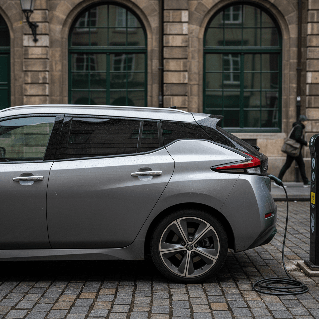 Low, long-roof electric wagon parked on a scenic overlook