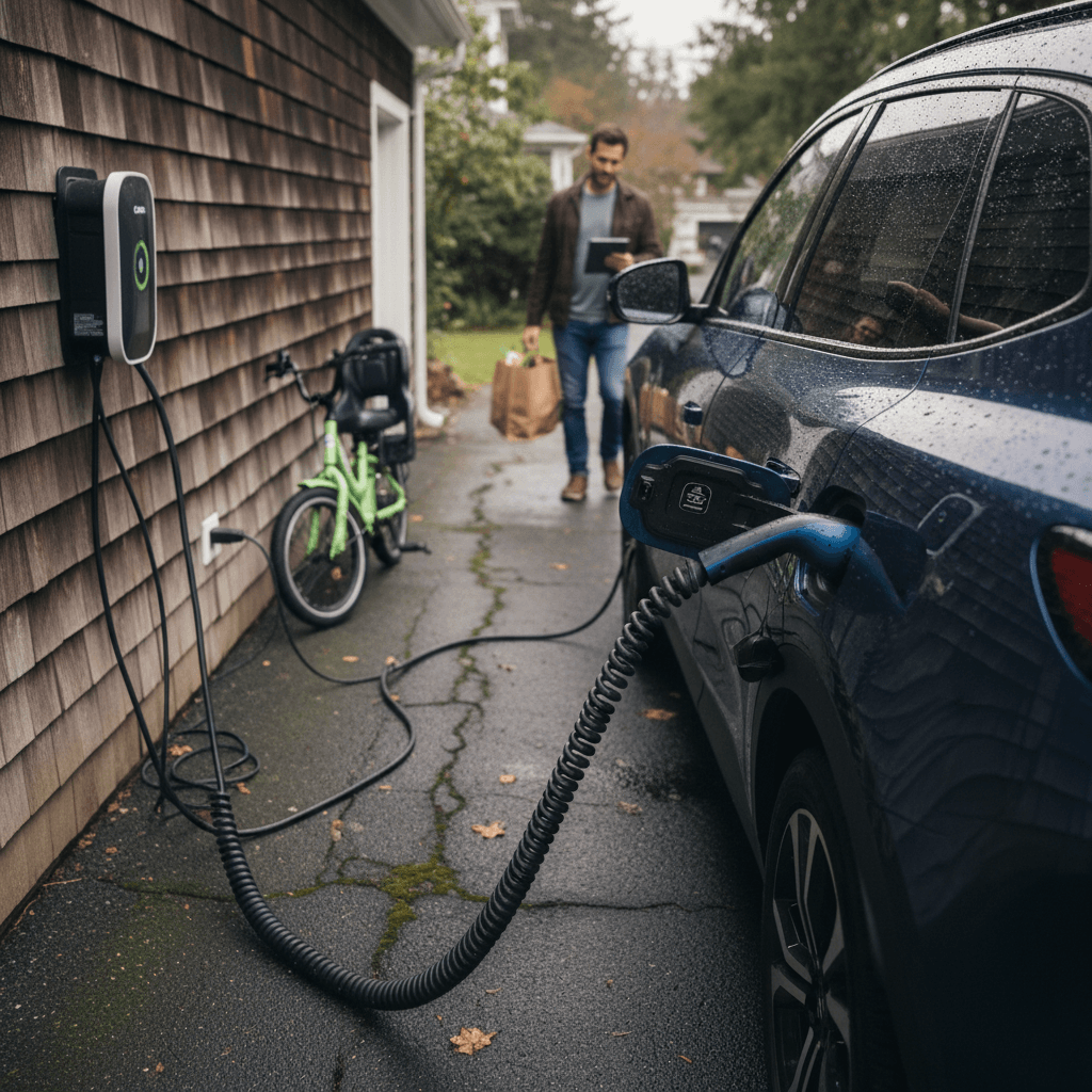 Family loading a full electric vehicle that is charging in a home driveway