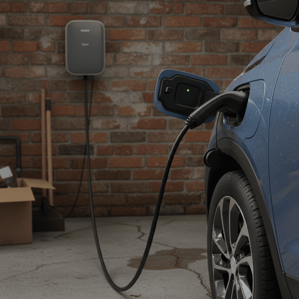 Chevy Bolt EUV plugged into a residential Level 2 charger mounted on a garage wall