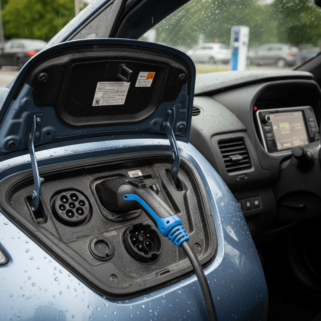 Close view of a used Nissan Leaf charging while its dashboard shows battery charge and range, illustrating how battery health impacts resale value.