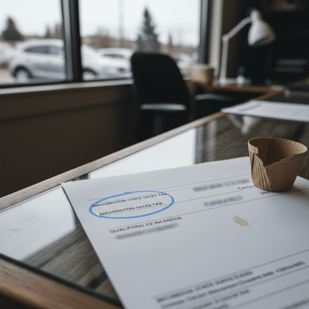 Close-up of a Washington EV purchase contract showing sales tax and incentive details being reviewed by a buyer