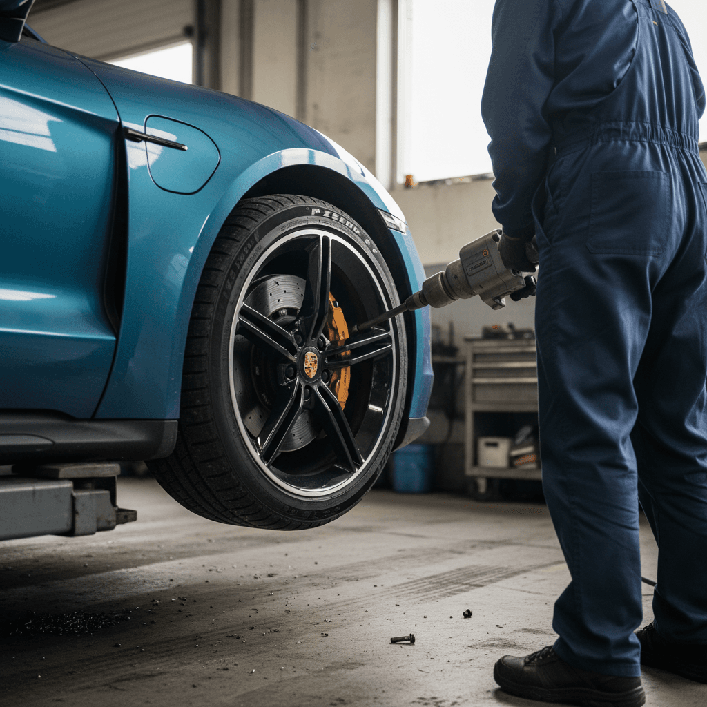 Technician inspecting a Porsche Taycan performance tire on a lift before replacement