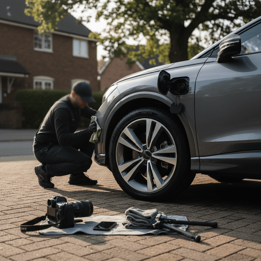 Owner photographing an Audi Q4 e-tron in a driveway while the instrument cluster displays state of charge and range estimate