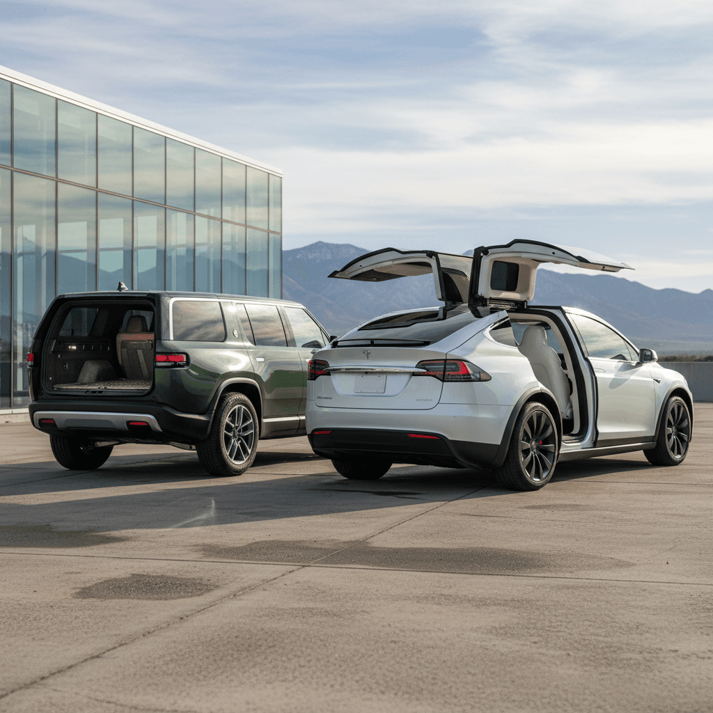 Rivian R1S and Tesla Model X parked side by side at fast chargers