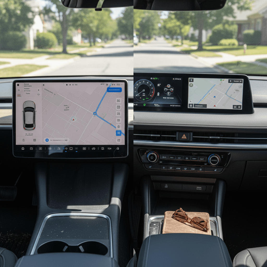 Side-by-side view of Tesla Model Y and Kia EV6 interiors highlighting different dashboard and screen designs