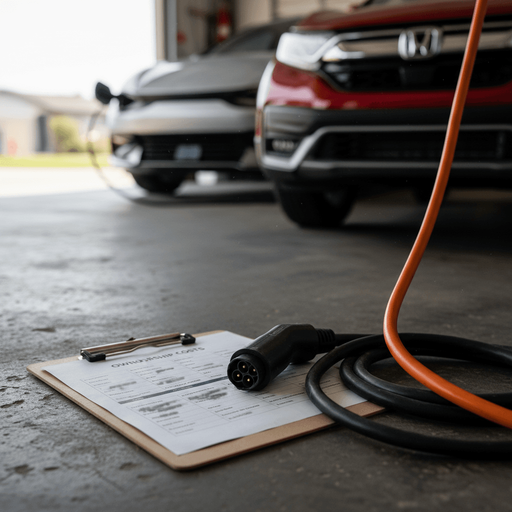 Clipboard comparing Honda CR-V and Kia EV6 cost categories next to an EV charging cable on a desk