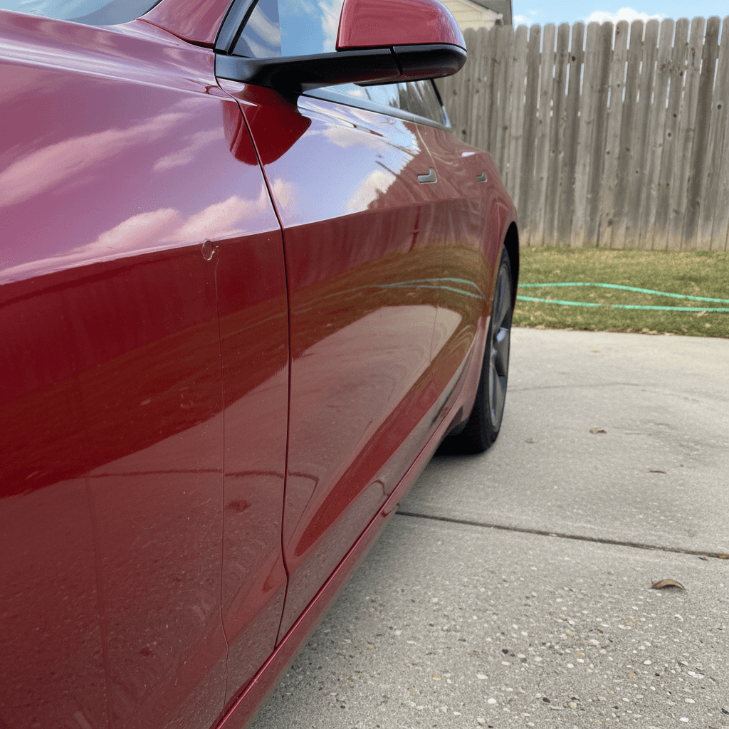 A 2021 Tesla Model 3 charging in a home garage, highlighting the charge port and cable connection