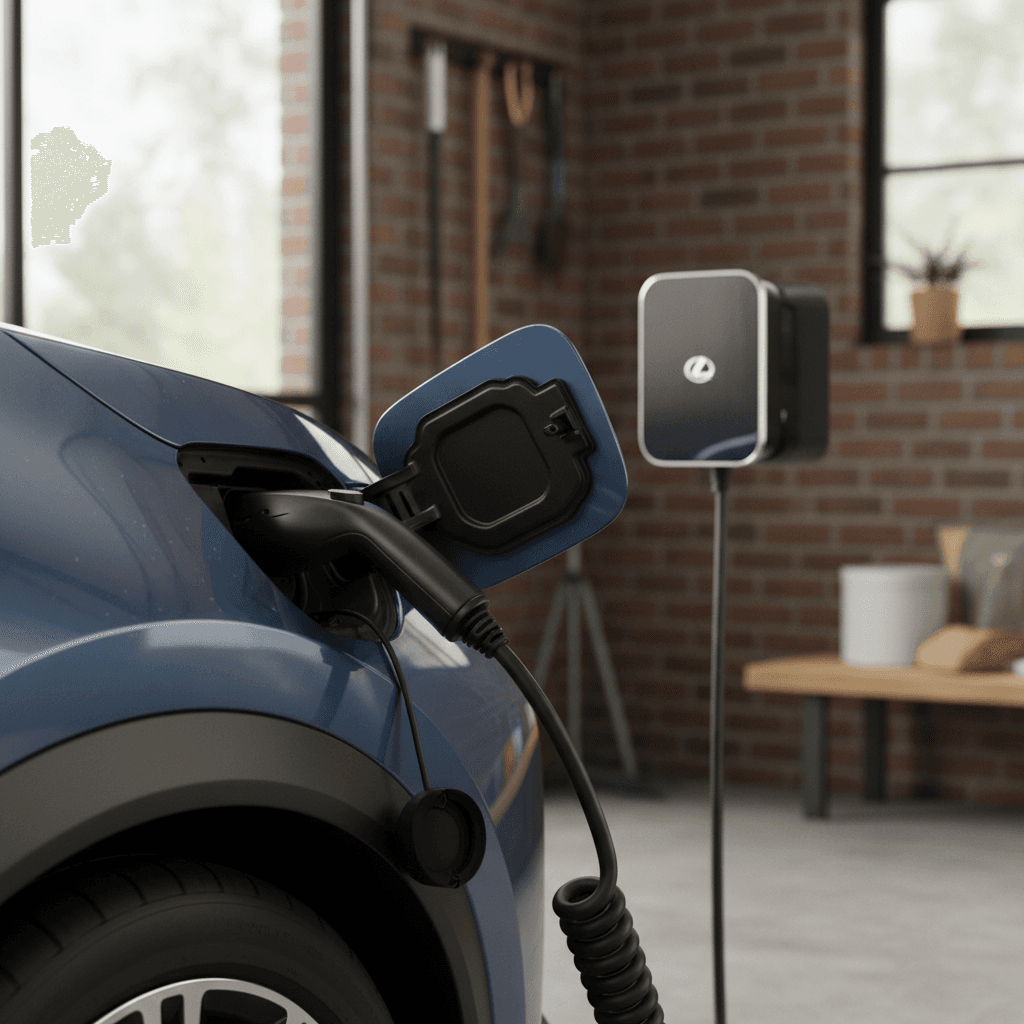 Close-up of a Lexus RZ 450e charging port and cable connected to a home wallbox