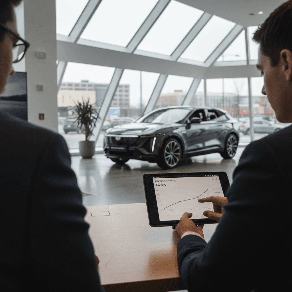 Customer and advisor reviewing a 2023 Cadillac Lyriq trade-in appraisal offer on a tablet at a modern EV-focused showroom