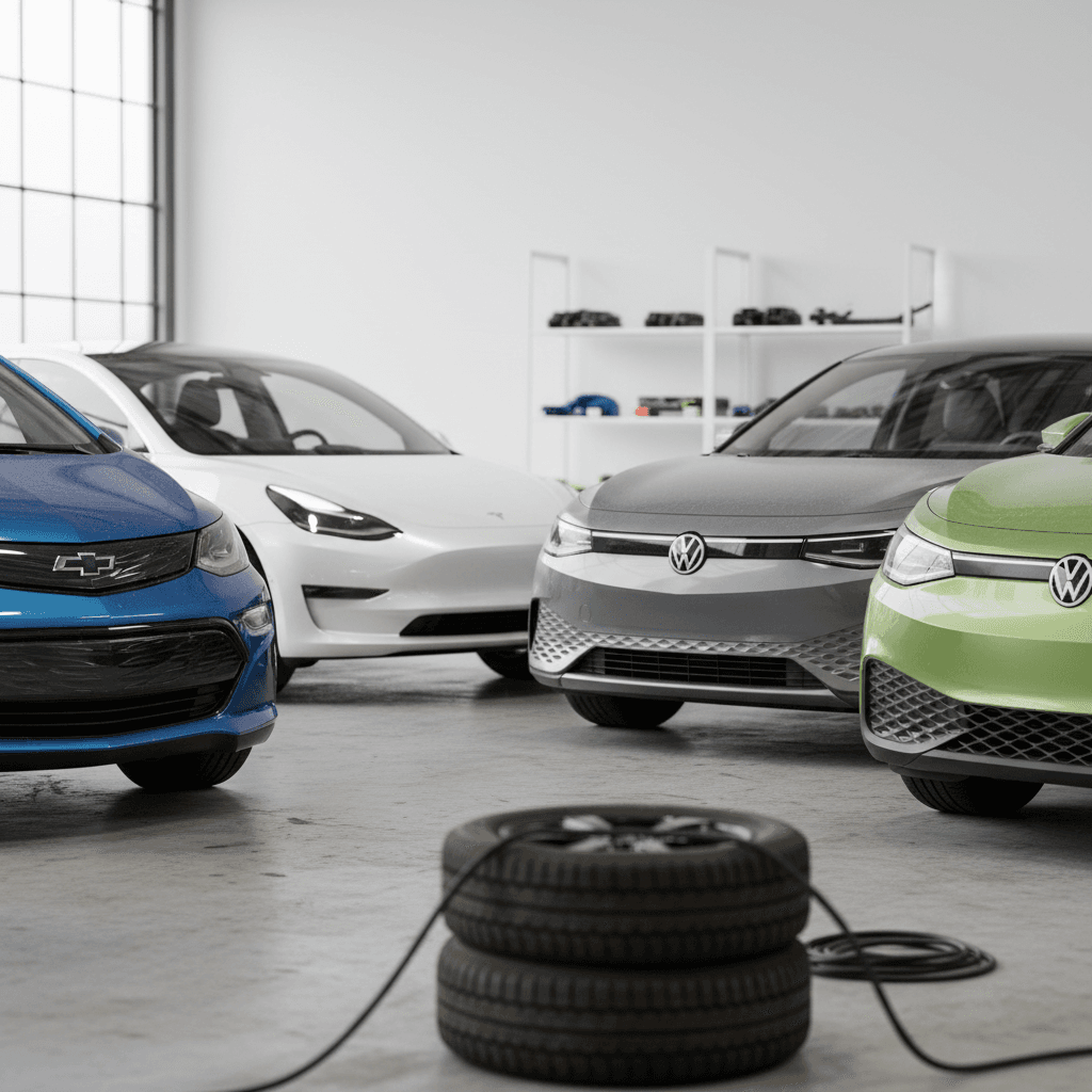 Popular used EVs including Chevy Bolt, Tesla Model 3, Hyundai Ioniq 5 and Volkswagen ID.4 lined up side by side for comparison