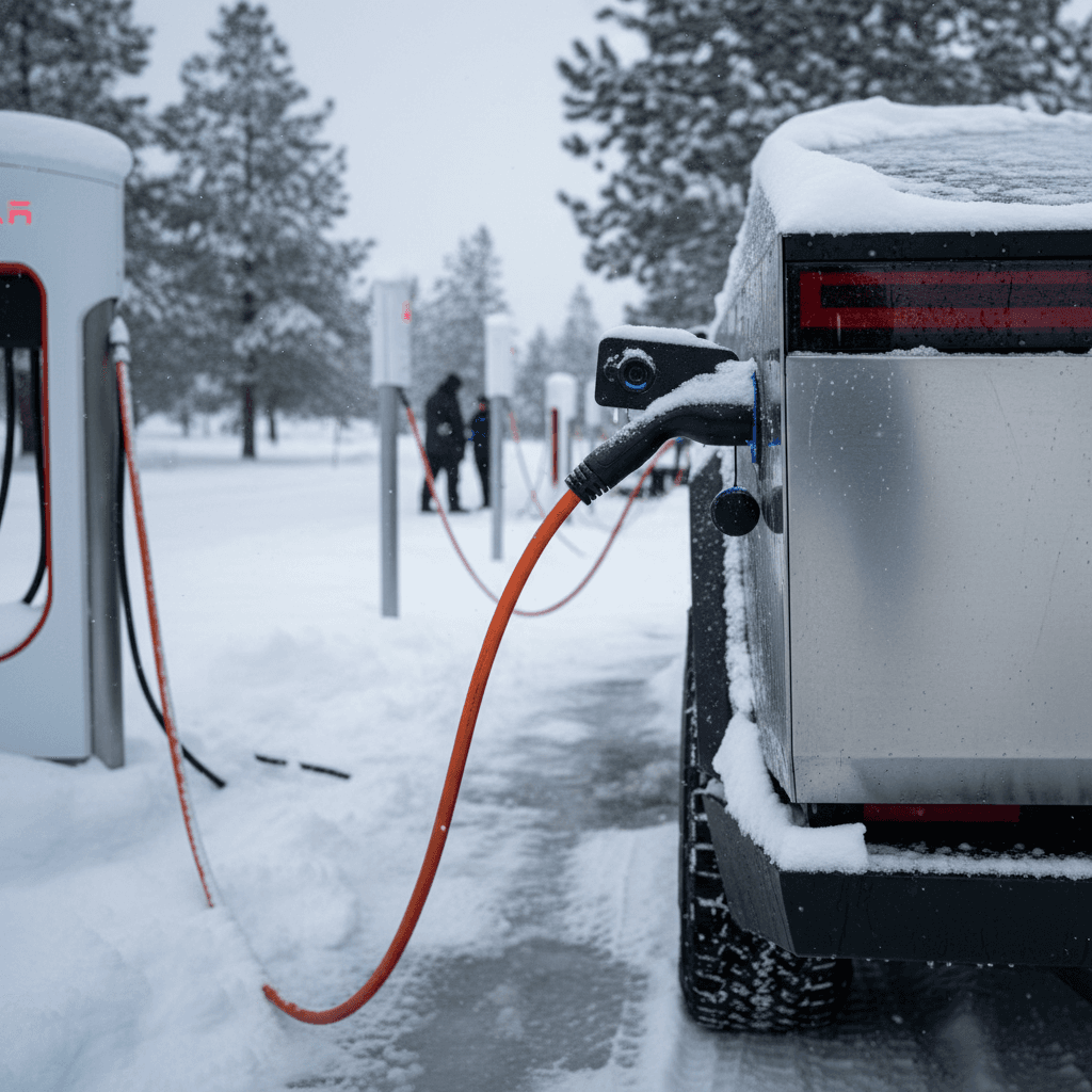 Tesla Cybertruck charging at a Supercharger in snowy conditions, showing reduced winter range on display