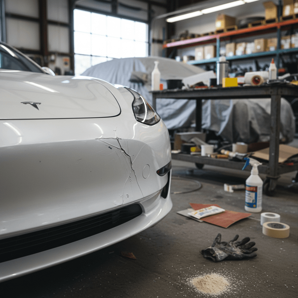 Technician inspecting the suspension and underbody of a Rivian R1T on a lift at a service center