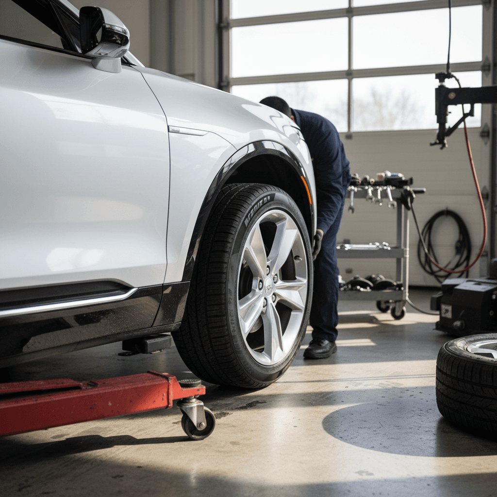 Technician mounting a new 20-inch tire on the front wheel of a Cadillac Lyriq in a professional service bay