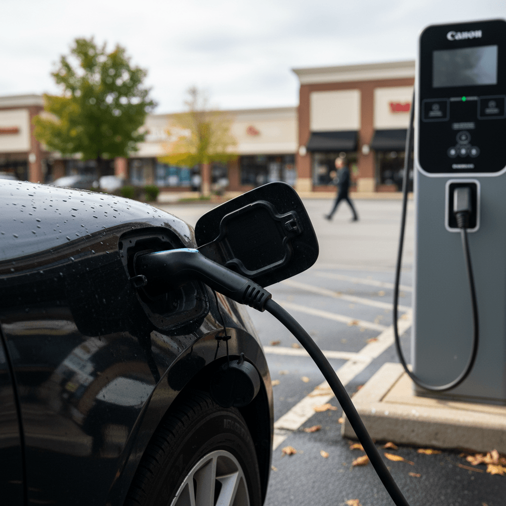 Electric vehicle plugged into a fast charger at a shopping center parking lot in Fort Lauderdale, Florida