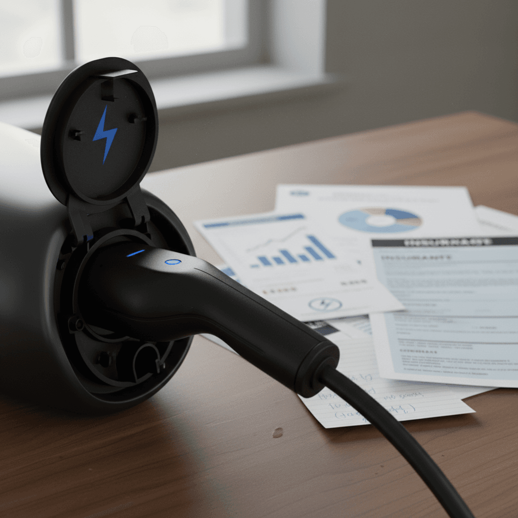 Electric car plugged into a Level 2 home charger mounted in a garage, with panel and conduit visible