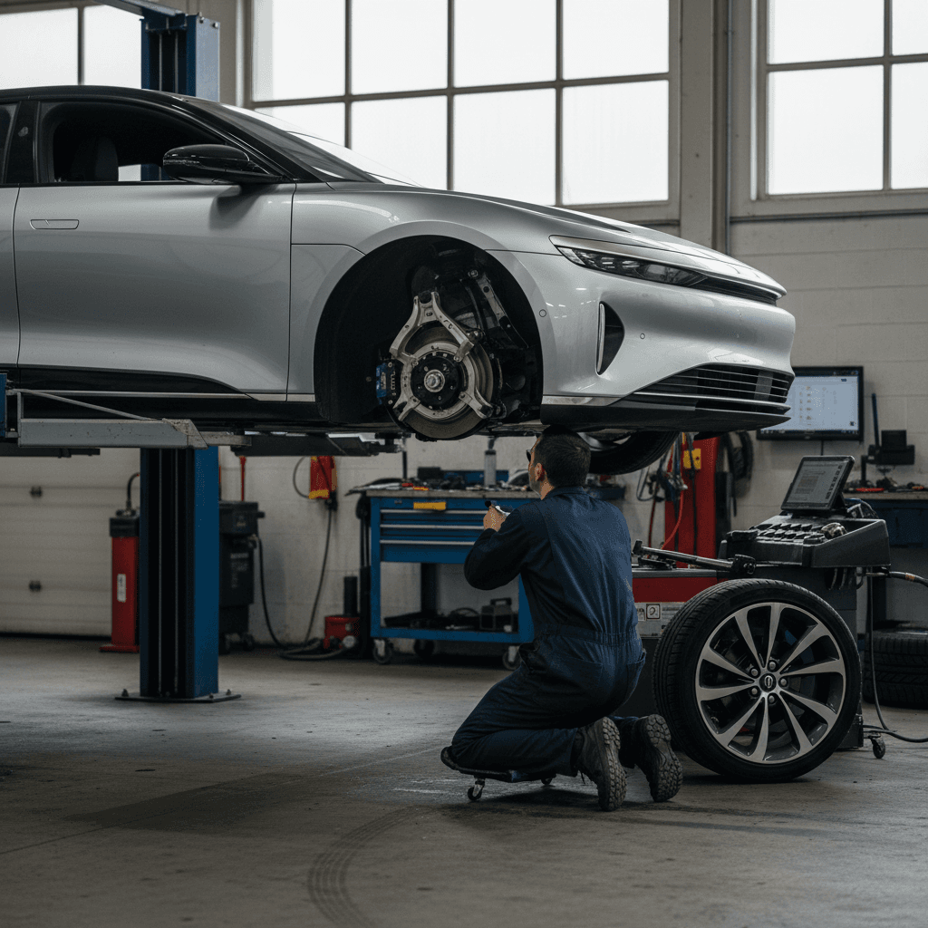 Lucid Air sedan on a lift while a technician inspects components underneath the car