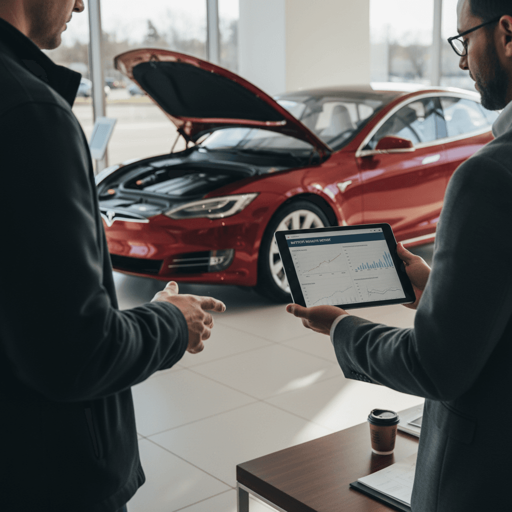 EV specialist reviewing a Tesla Model S battery health and pricing report with a customer in a showroom