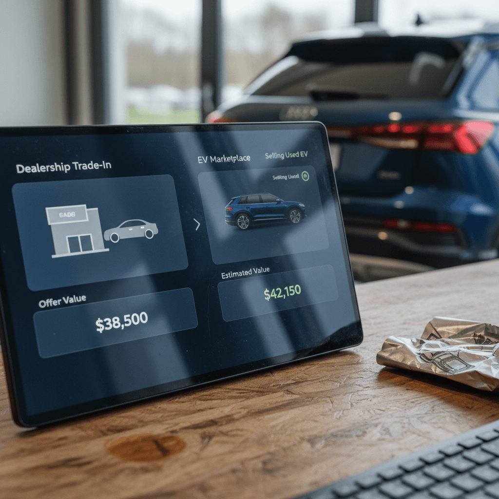 Illustration comparing a traditional dealer, an online buyer, and an EV-focused marketplace for selling an Audi Q4 e-tron