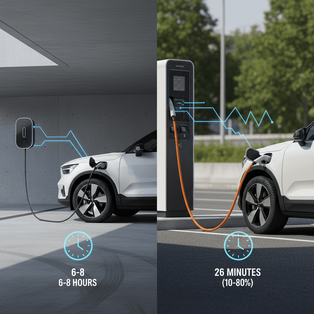 Diagram showing Volvo EX30 charging at home on a Level 2 charger and at a DC fast charging station with sample 10–80% times.