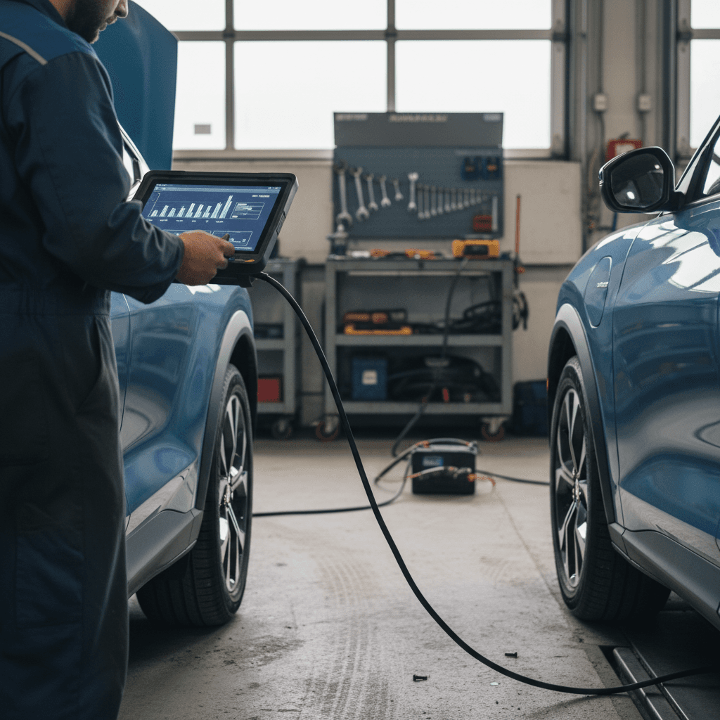 Technician using diagnostic laptop to check a 2022 Ford Mustang Mach-E for open recalls and software updates in a service bay