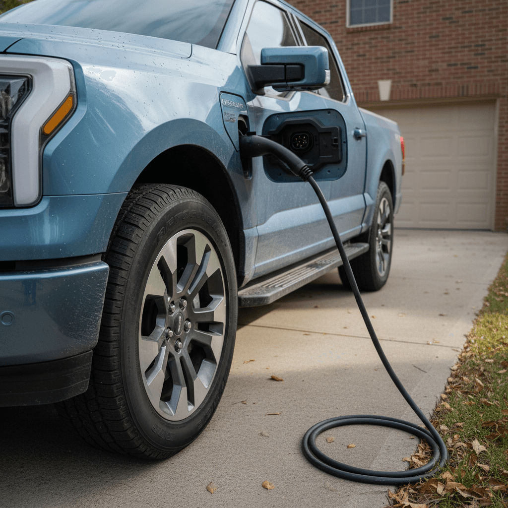 Ford F-150 Lightning plugged into a home Level 2 charger in a suburban driveway