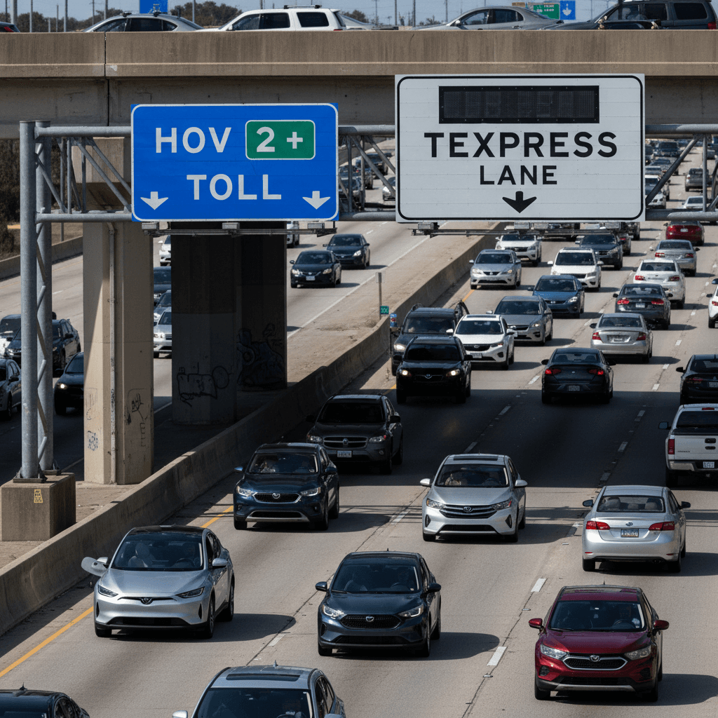 Overhead view of TEXpress and HOV signs above a Texas freeway with mixed traffic including an electric vehicle