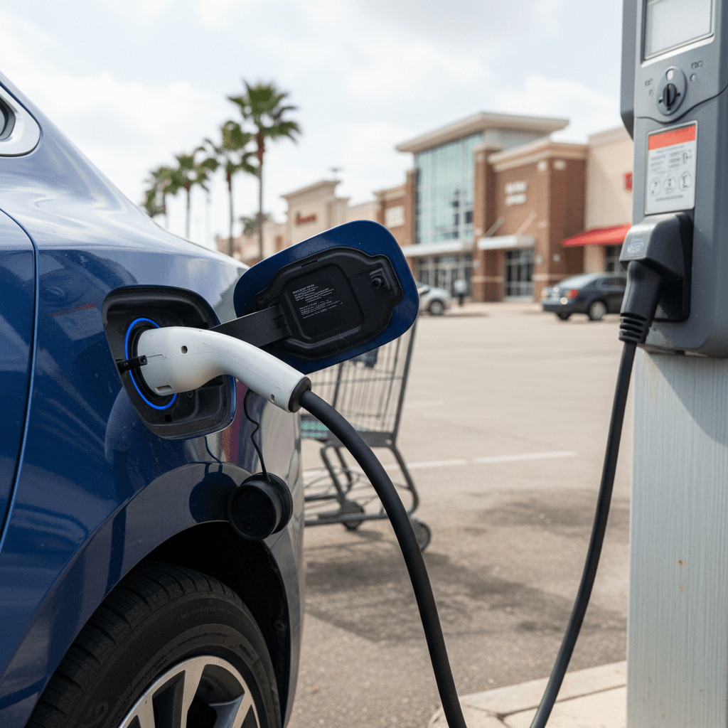 Electric vehicles charging at a mix of Level 2 and DC fast charging stations in a busy Houston shopping center