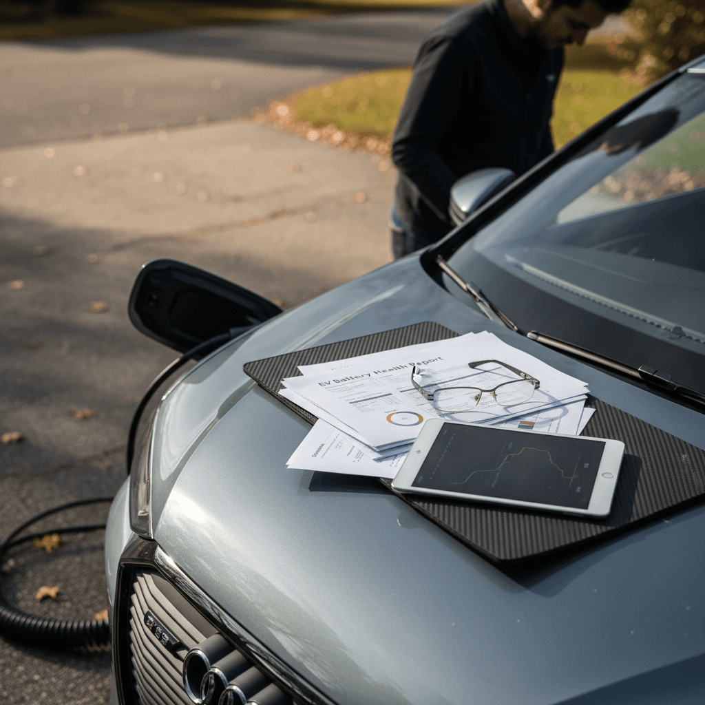 Owner cleaning and organizing an Audi Q8 e-tron interior before selling, with paperwork on the passenger seat