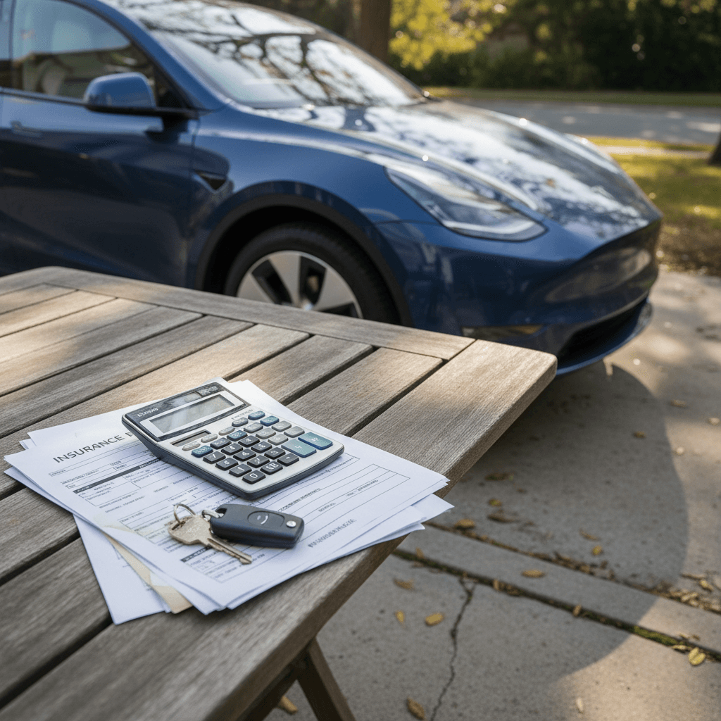 Insurance documents, calculator, and keys on a table next to a Tesla Model Y parked in a residential driveway