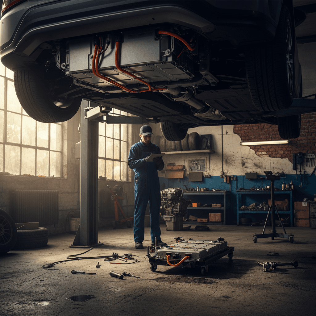 Hyundai Kona Electric on a lift in a repair shop with its high-voltage battery pack visible under the floor