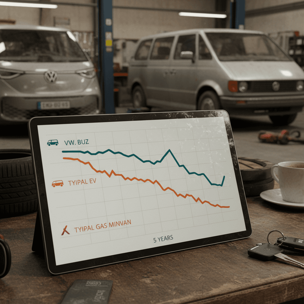 Illustrated 5-year depreciation curve comparing value of a Volkswagen ID. Buzz to a typical EV and a gas minivan.