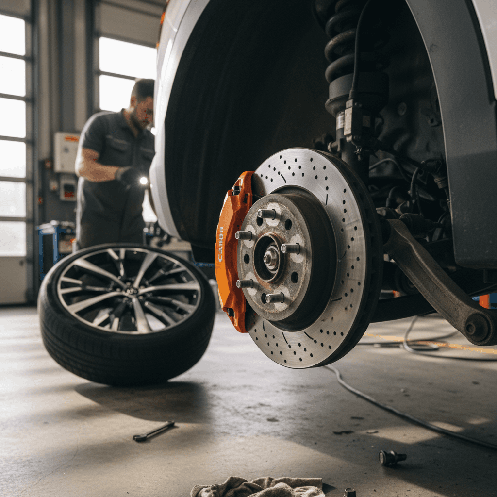Mechanic inspecting the front brake components and tire of a Kia EV9 on a service lift
