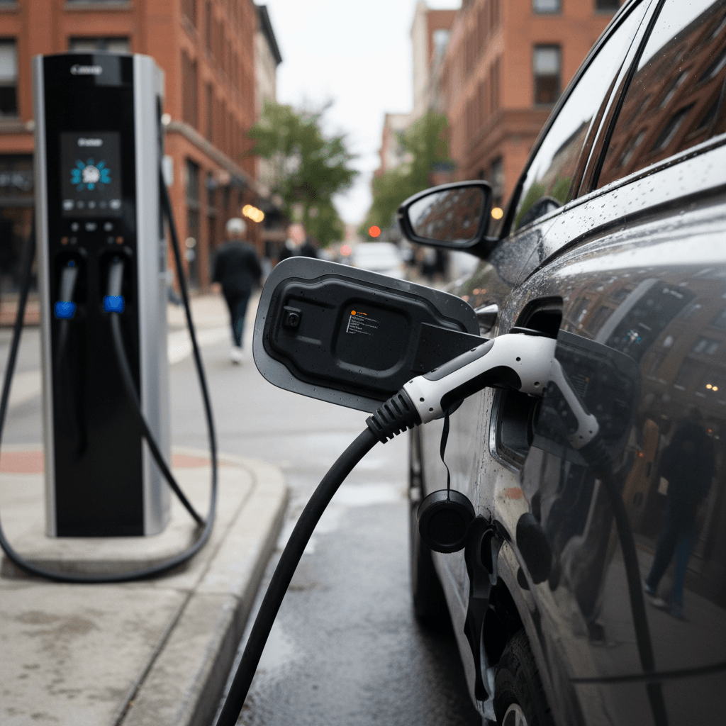 A 2025 Audi Q4 e-tron plugged into a DC fast charger in a modern urban charging plaza