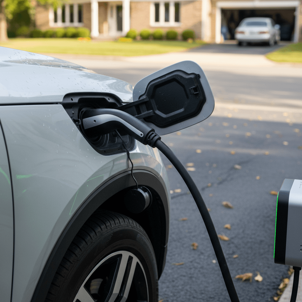 Charging cable plugged into the Volvo C40 Recharge charging port at a home driveway