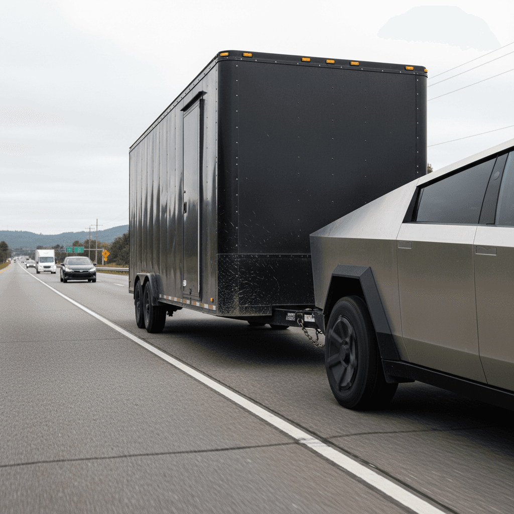 Tesla Cybertruck towing a tall enclosed trailer on a multi-lane highway